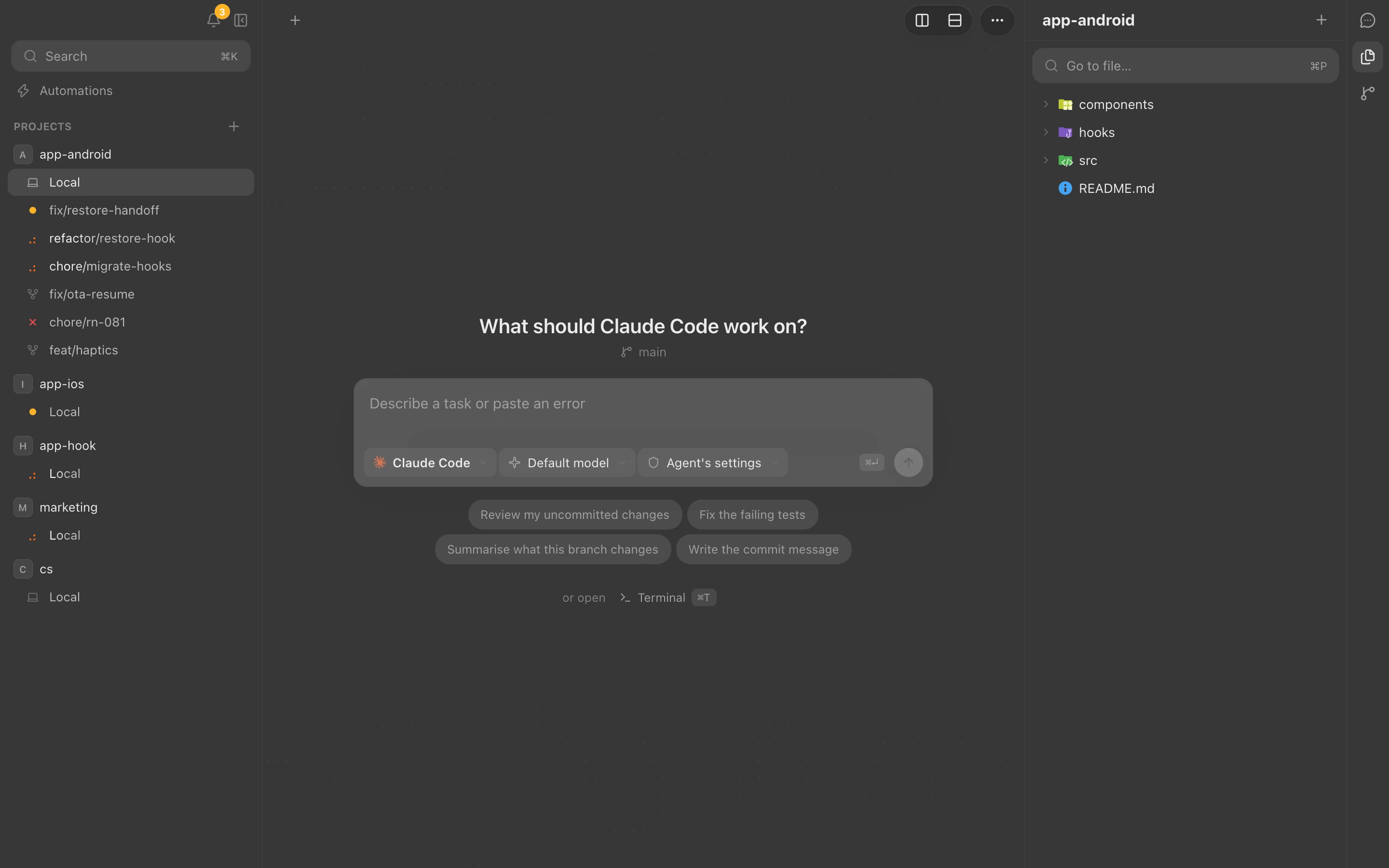 Anywhere: projects and worktrees in the sidebar, the new-session composer, and the file explorer